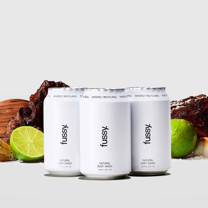 Fussy's All At Sea Refill Pack featuring three refills set against a backdrop of cedarwood, limes and sea shells.