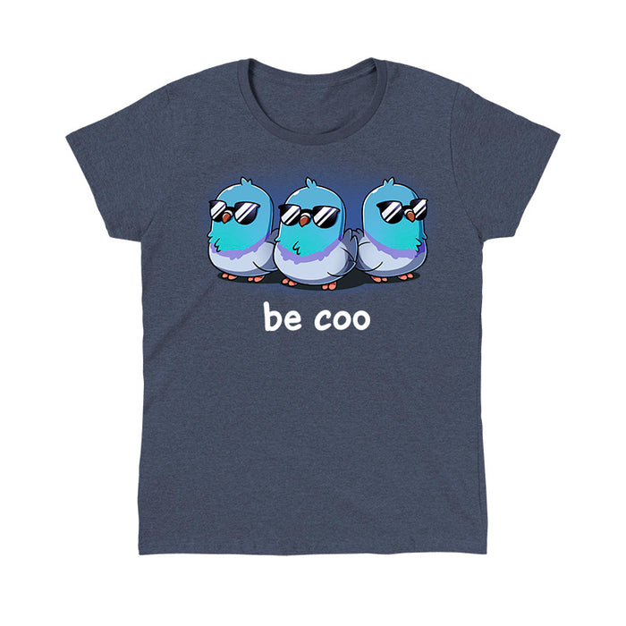 Classic Cotton T-shirt_TeeTurtle heather navy Be Coo apparel featuring three pigeons wearing sunglasses with the caption, “be coo“.