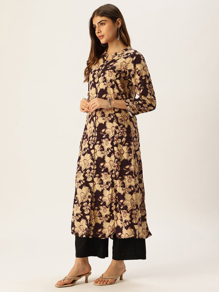 Beige & Black Floral Printed A - Line Kurta