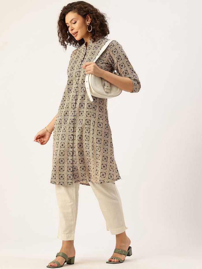 Beige Printed A Line Kurta, Princess Cur Kurta, A-Line Kurta, Floral Print, Mandarin Collar kurta, printed kurta