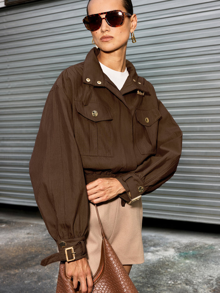 Belted Collar Cotton Blend Cropped Jacket