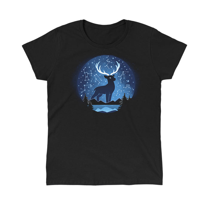 Classic Cotton T-shirt_TeeTurtle Celestial Stag (Glow) black t-shirt featuring a silhouette of a deer with large antlers in a circular frame against a backdrop of a starry night sky with constellation patterns. In the foreground, there are dark silhouettes of coniferous trees, light-blue horizontal lines representing mountains and a body of water.