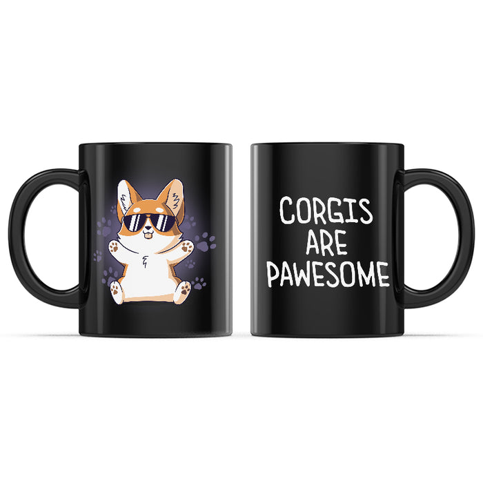 Ceramic Mug_TeeTurtle Corgis are Pawesome black mug featuring a corgi wearing sunglasses with its paws up.