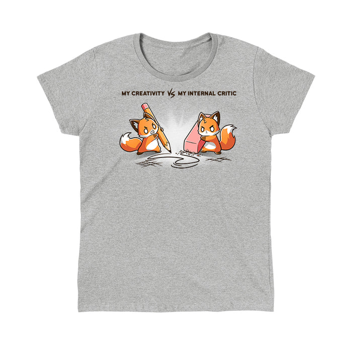 Classic Cotton T-shirt_TeeTurtle Creativity vs Critic heather gray t-shirt featuring a fox drawing with a pencil and another fox holding an eraser erasing the pencil drawing while both looking angry at each other. "MY CREATIVITY VS MY INTERNAL CRITIC" is written on top.