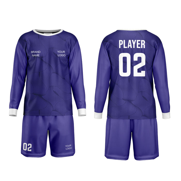 Soccer goalkeeper jersey and shorts set with customizable text on a white background
