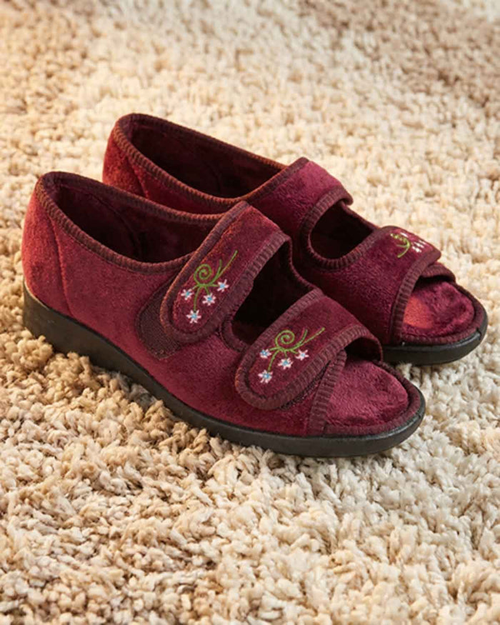 DB Wider Fit Velcro House Shoe - Wine - DB Wider Fit