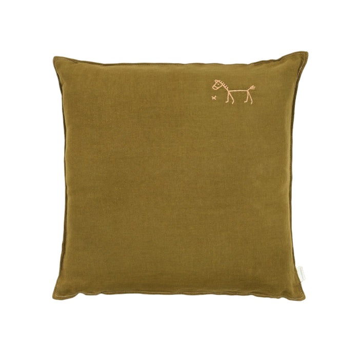 Embroidered Square Cushion French Linen Moss Green 45x45 cm