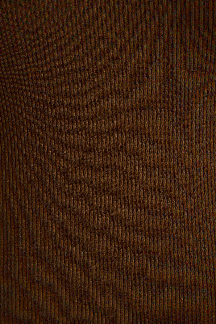 Close-up of ribbed mocha stretch knit fabric on the Emily halter top.