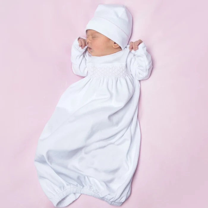 Essentials White Pink Smocked Gown — Pima Cotton Newborn Gown