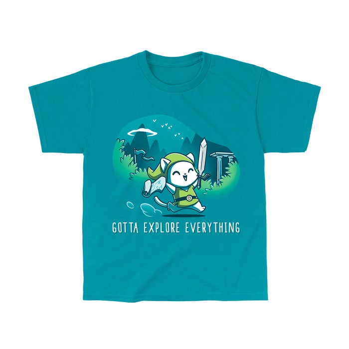 Classic Cotton T-shirt_TeeTurtle Gotta Explore Everything Tropical Blue apparel featuring an excited magical cat holding a map and sword running through the mountains.