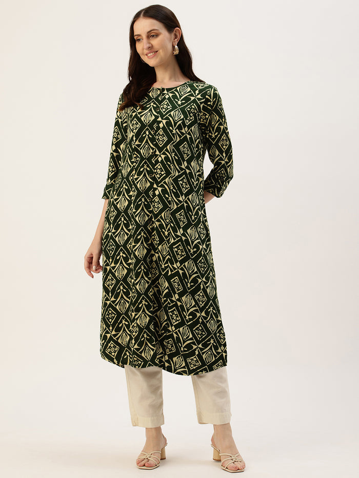 Green Geometric Printed A-Line Kurta