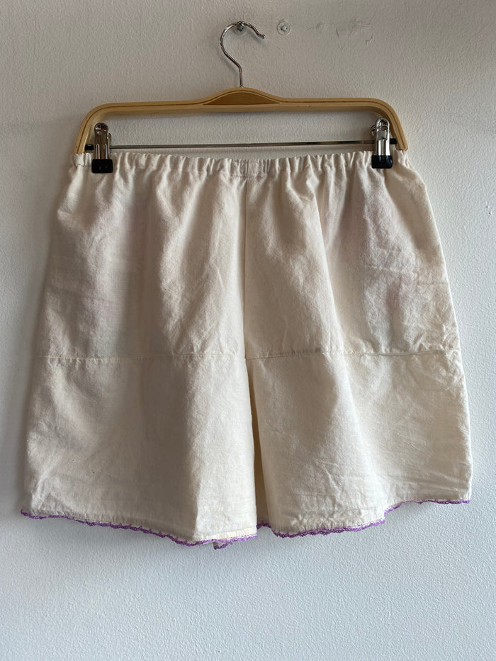Handmade Vintage Tablecloth Embroidered Roses White Drawstring Shorts