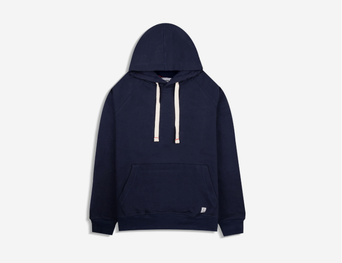 A navy blue hoodie with white drawstrings and a front pocket, displayed on a plain white background.