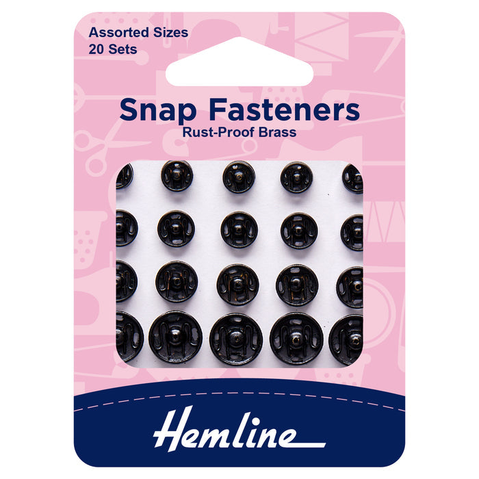 Hemline Snap Fasteners: Sew-on: Black: Assorted: Pack of 20 - Snaps
