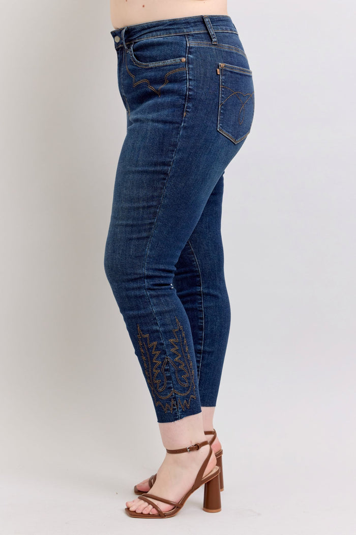 Judy Blue High Waist Western Embroidered Skinny Raw Hem Tall Jeans