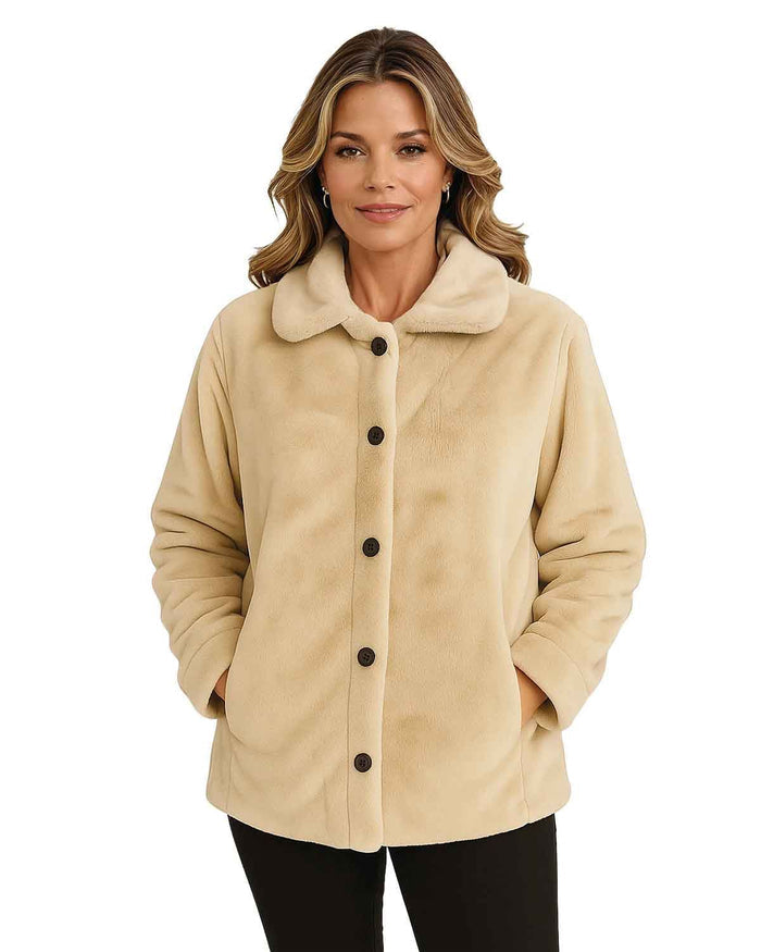 Ladies Fully Lined Faux Fur Jacket - Stone - The Classic Boutique