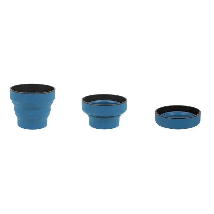 Lifeventure Ellipse collapsiblc cup in navy colour showing the three stages of its collapse