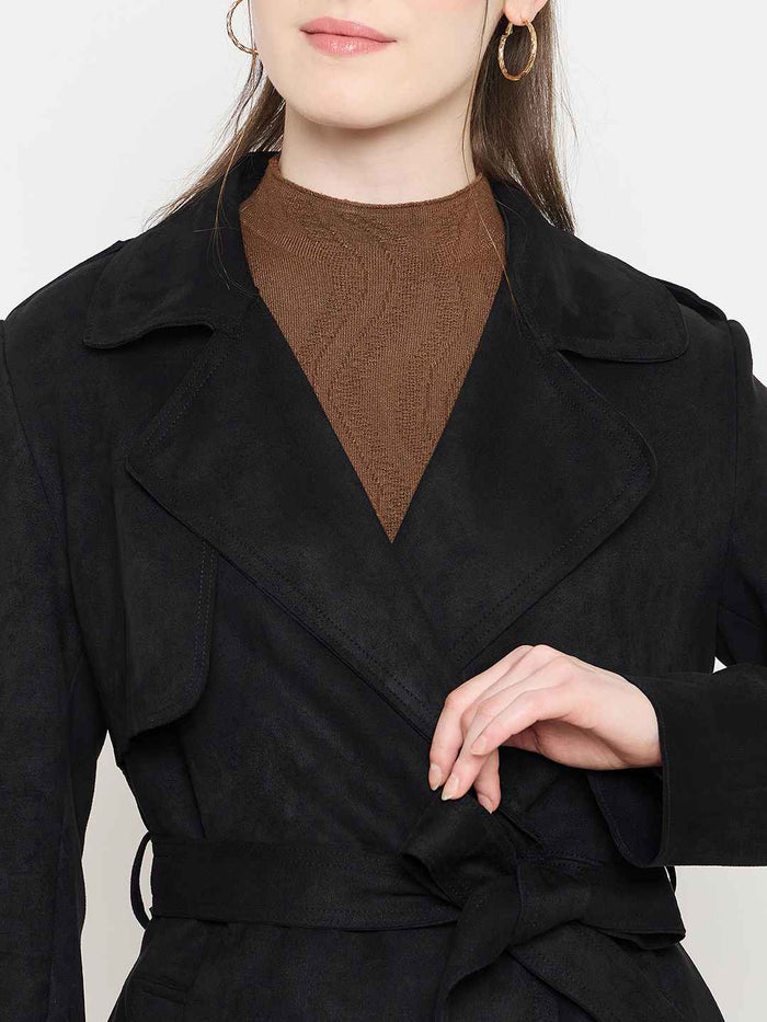Madame Black Coat with Notched Lapel Collar and Belt