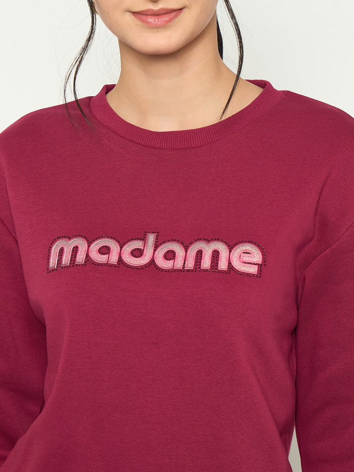Madame Crew Neck Printed Wine Red Sweatshirt