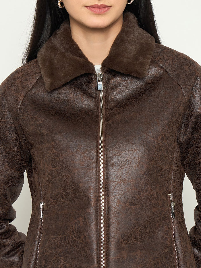 Madame Faux Fur Collar Brown PU Jacket