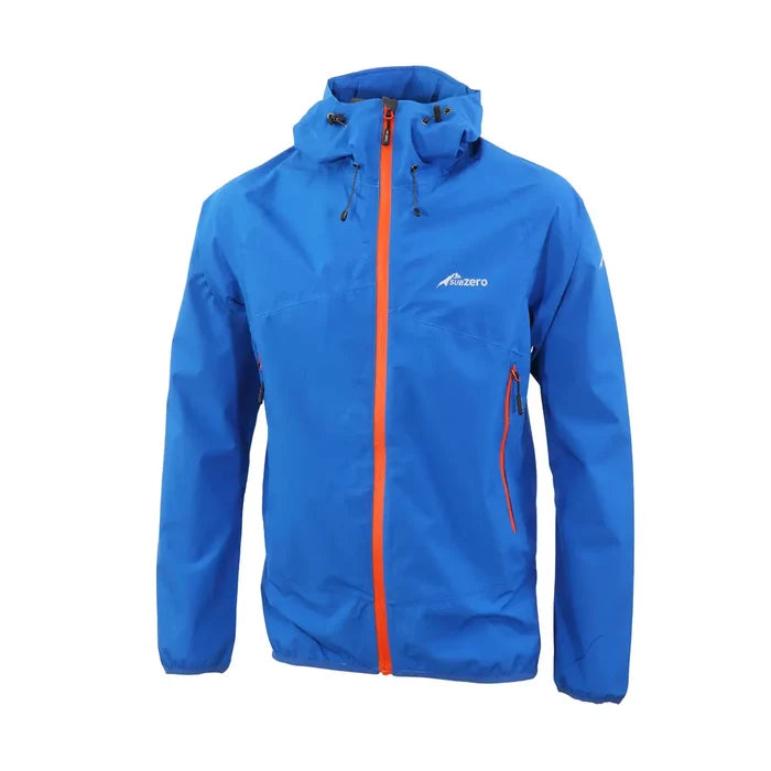 Front detail of Sub Zero mens lightweight waterproof jacket in blue with ornage zips