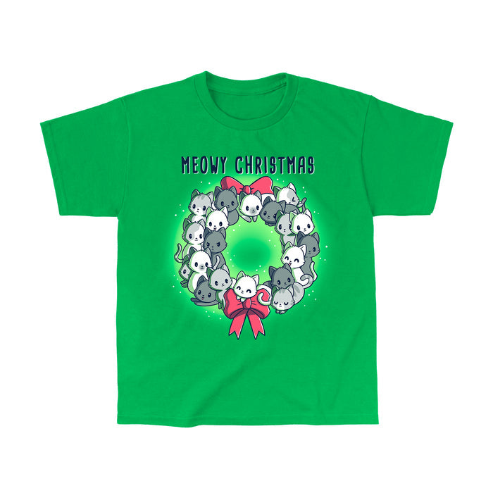 Classic Cotton T-shirt_TeeTurtle Meowy Christmas Wreath irish green apparel featuring kawaii and sweet cats in the shape of a wreath with two red bows.