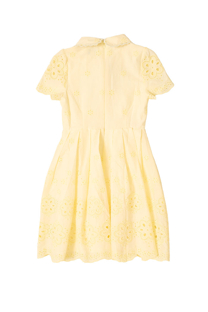 The Ivy City Co Mini Penny Dress in Butter Yellow Eyelet features floral embroidery, scalloped hem, a back zipper, fitted bodice, and gathered skirt—perfect for coordinating mama and mini moments.
