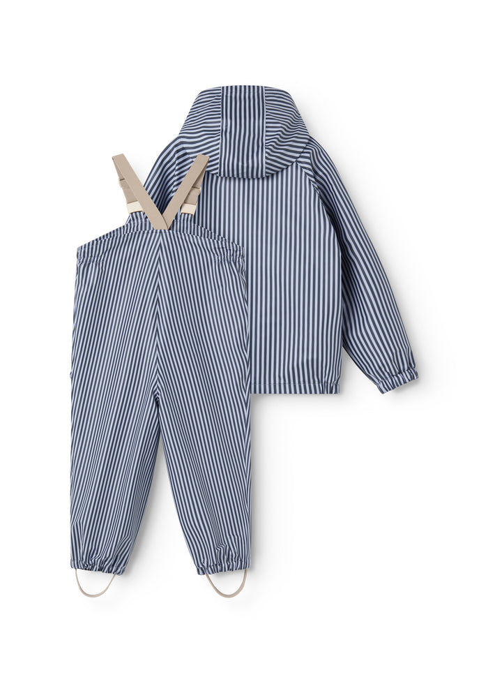 Rain set in blue stripes with a hooded jacket and rain pants, complete set