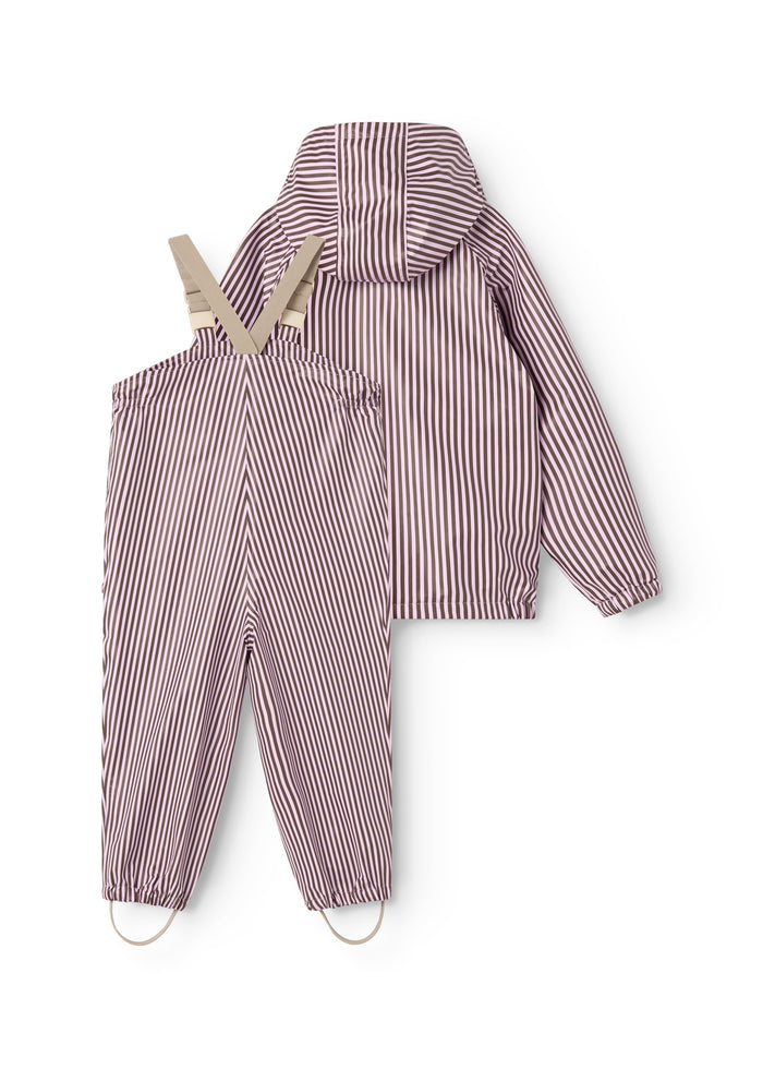 Kids rain set with pink/brown vertical stripes: hooded jacket and rain pants