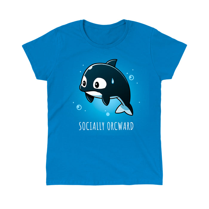 Classic Cotton T-shirt_TeeTurtle sapphire blue Orcward apparel featuring an orca with a nervous expression, a sweat drop on its head, and the text "SOCIALLY ORCWARD" below it.