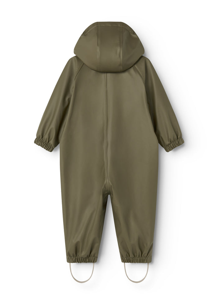 Olive green children's raincoat with hood and elastic cuffs with drawstrings.