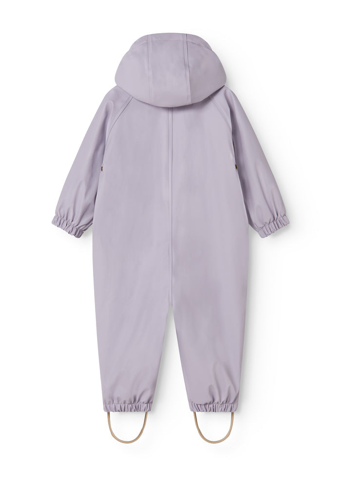 Lavender rain suit set from the back with hood and elastic in the cuffs.