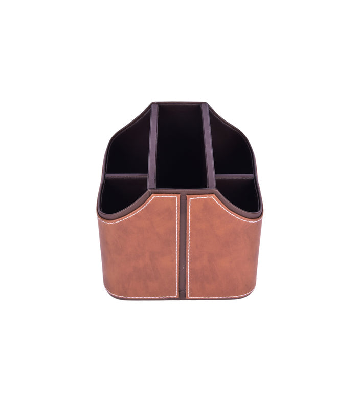 Leatherette cutlery holder with 5 sections, tan front pockets with dark interior