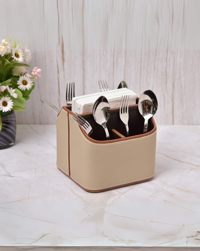 Beige leatherette cutlery holder with orange trim, 5 sections, holding forks and spoons