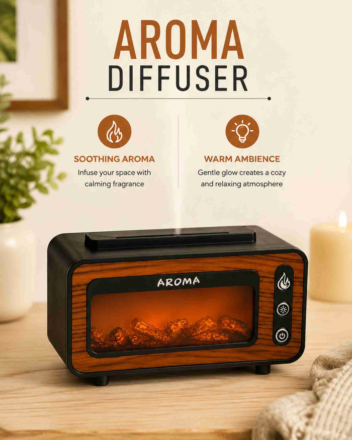Premsons® aroma diffuser with realistic flame effect, black and wood front panel