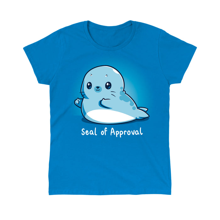Classic Cotton T-shirt_TeeTurtle sapphire blue Seal of Approval apparel featuring a seal with two thumbs-up, caption reads "seal of approval".