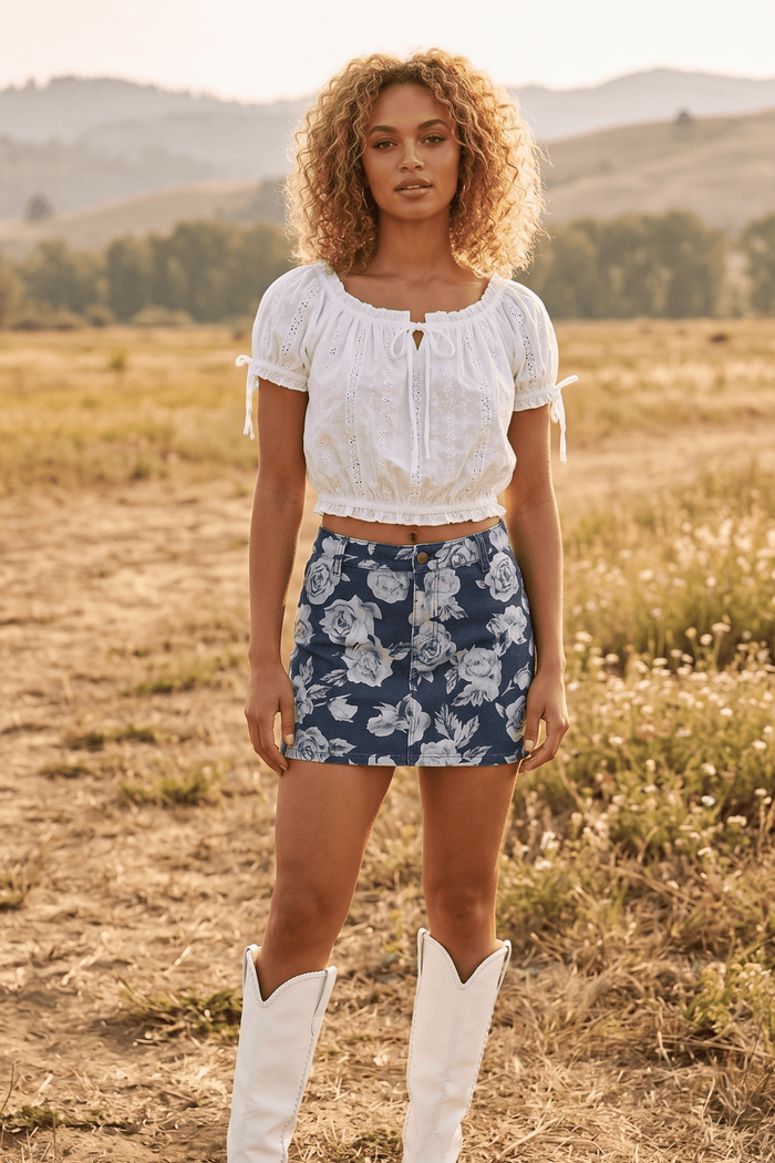 americana and 4th of July floral denim skort styled for a country concert or western summer outfit boutique look