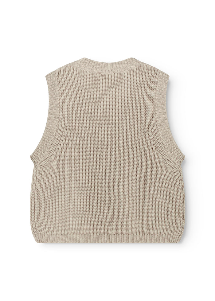 Thin striped vest in a barely beige set, seamless striped bag without visible details.