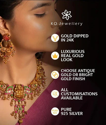 The Abhata Silver Lakshmi Navratna Thread Necklace & Earrings