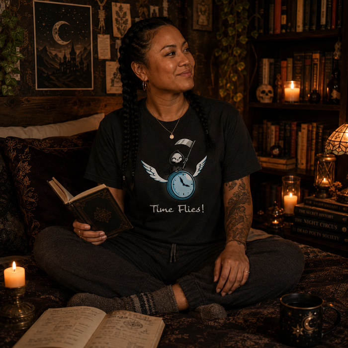 Premium Cotton T-shirt_TeeTurtle charcoal Time Flies Premium Cotton T-shirt featuring a grim reaper riding a clock with wings. The text below reads "Time Flies"
