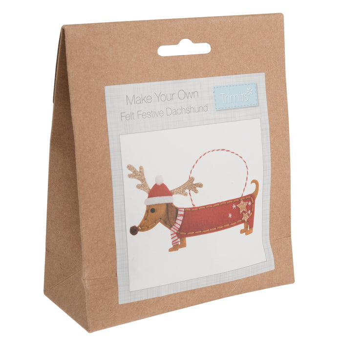 Trimits Felt Decoration Kit Christmas Festival Dachshund, 10x12cm, Includes Felt Shapes, Thread, Stuffing, Needle, and Ribbon