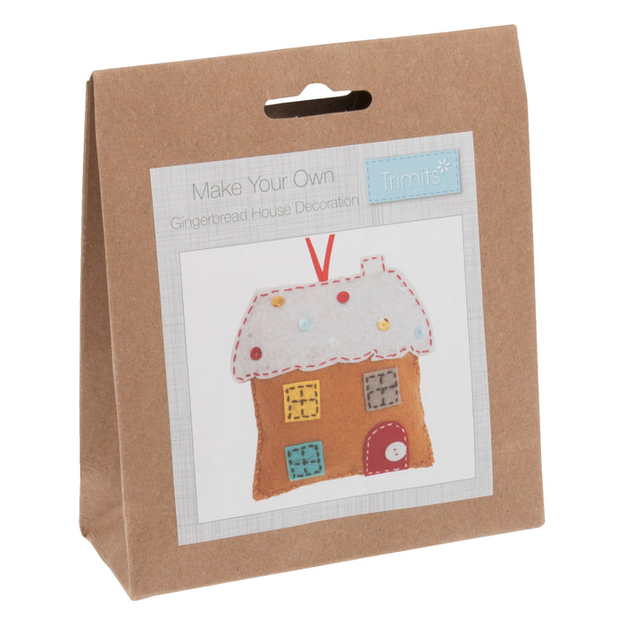 Trimits Felt Decoration Kit Christmas Gingerbread House, 10x12cm, Includes Felt Shapes, Thread, Stuffing, Needle, and Ribbon