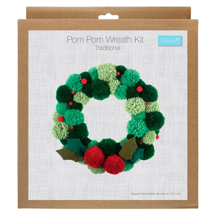 Trimits Pom Pom Wreath Kit 30x30cm, Includes Pom Pom Makers, Yarn, and Metal Hoop Fabric
