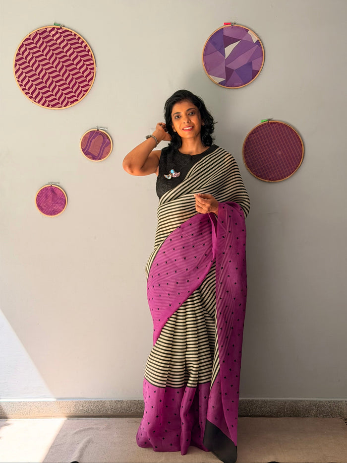 Tuhina Stripes Print Play Organza Saree - Purple