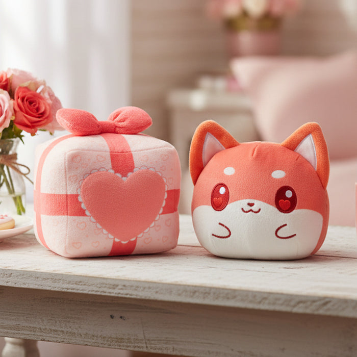 Valentine Present Shiba 4" Reversible Plushie on a table with a vase of roses, and a plate of cookies