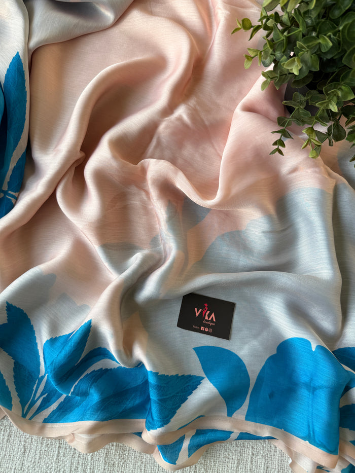 Vintage floral printed satin saree