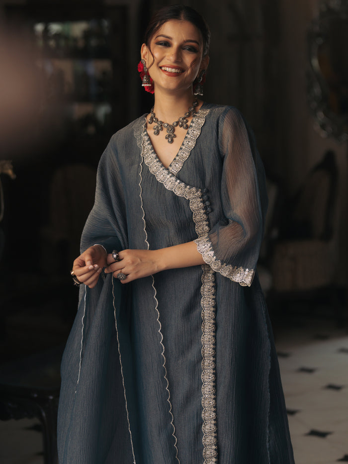 Women's Embroidered Angrakha Kurta Set with Dupatta