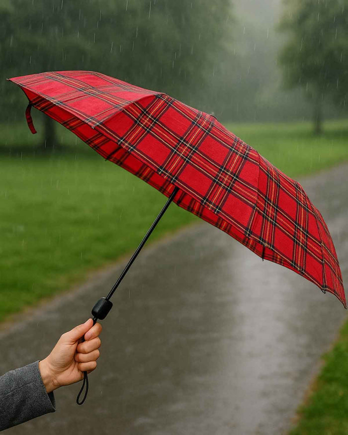 Ziggy Compact Folding Tartan Umbrella - Red Tartan - The Classic Boutique