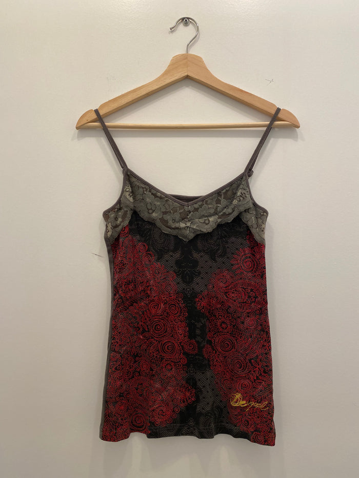 Y2K desigual gray and red lace style cami - La Lovely Vintage