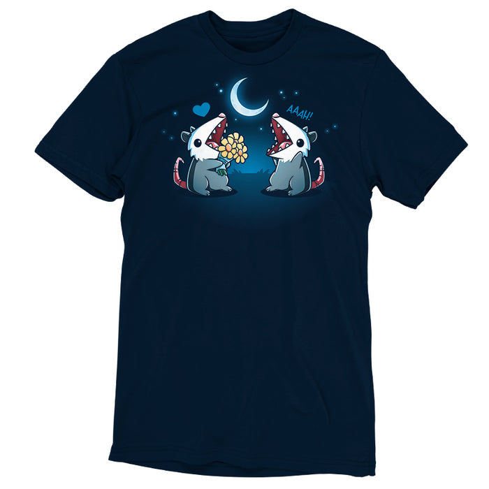 Premium Cotton T-shirt_TeeTurtle navy blue AAAH Love You apparel featuring two an opossum handing flowers to another opossum exclaiming, "AAAH!" under a moonlit sky.